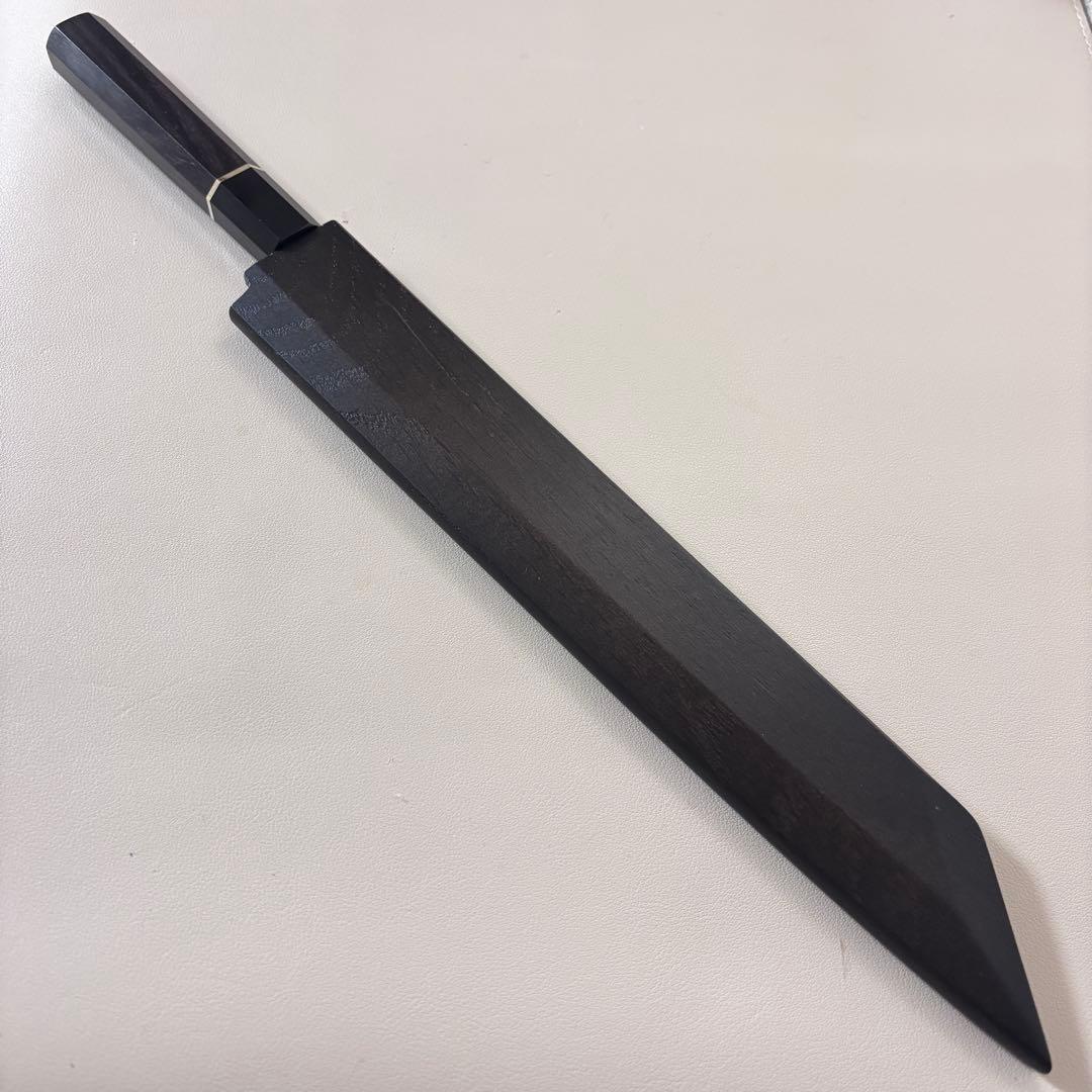 270mm 切付柳刃包丁 鏡面　黒檀黒水牛八角柄 刺身包丁 【全鋼】'鞘付き༩