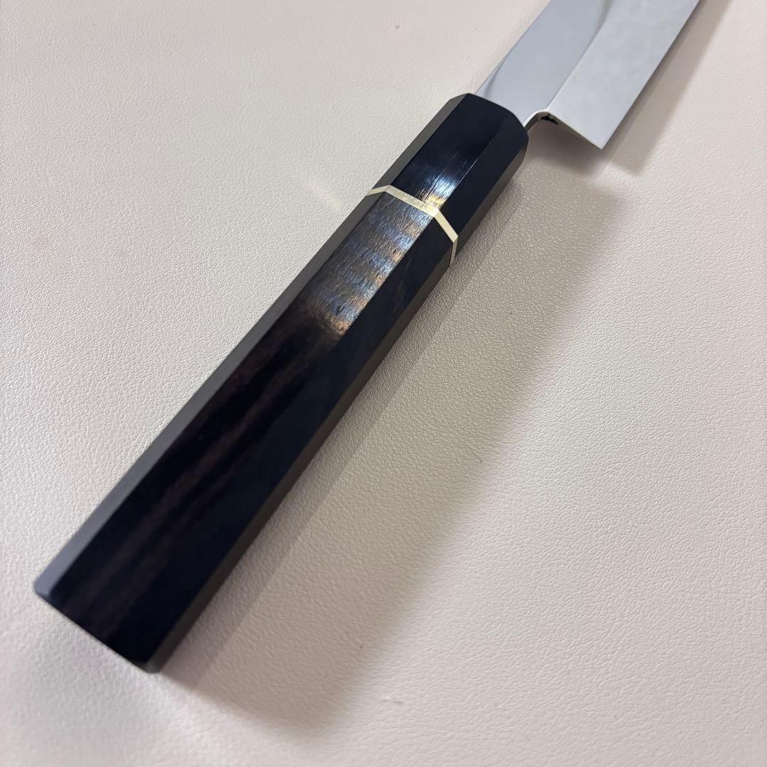 270mm 切付柳刃包丁 鏡面　黒檀黒水牛八角柄 刺身包丁 【全鋼】'鞘付き༩