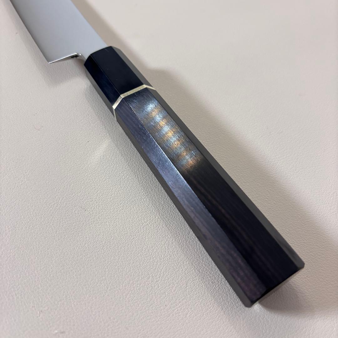 270mm 切付柳刃包丁 鏡面　黒檀黒水牛八角柄 刺身包丁 【全鋼】'鞘付き༩