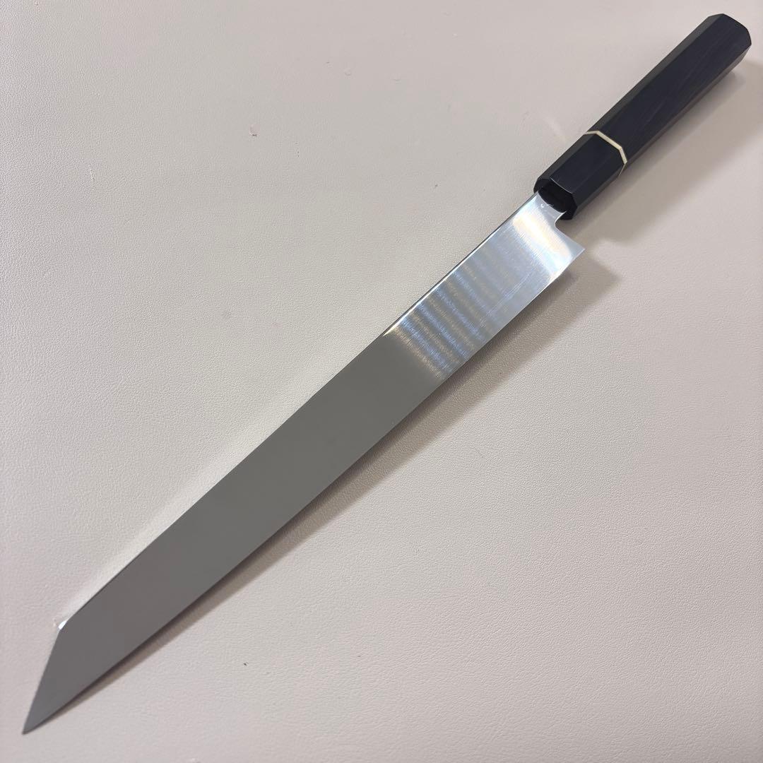 270mm 切付柳刃包丁 鏡面　黒檀黒水牛八角柄 刺身包丁 【全鋼】'鞘付き༩