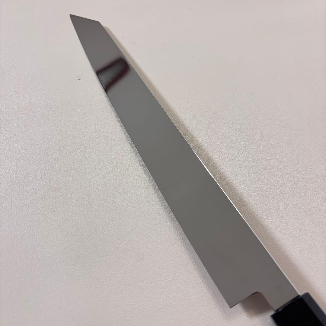 270mm 切付柳刃包丁 鏡面　黒檀黒水牛八角柄 刺身包丁 【全鋼】'鞘付き༩