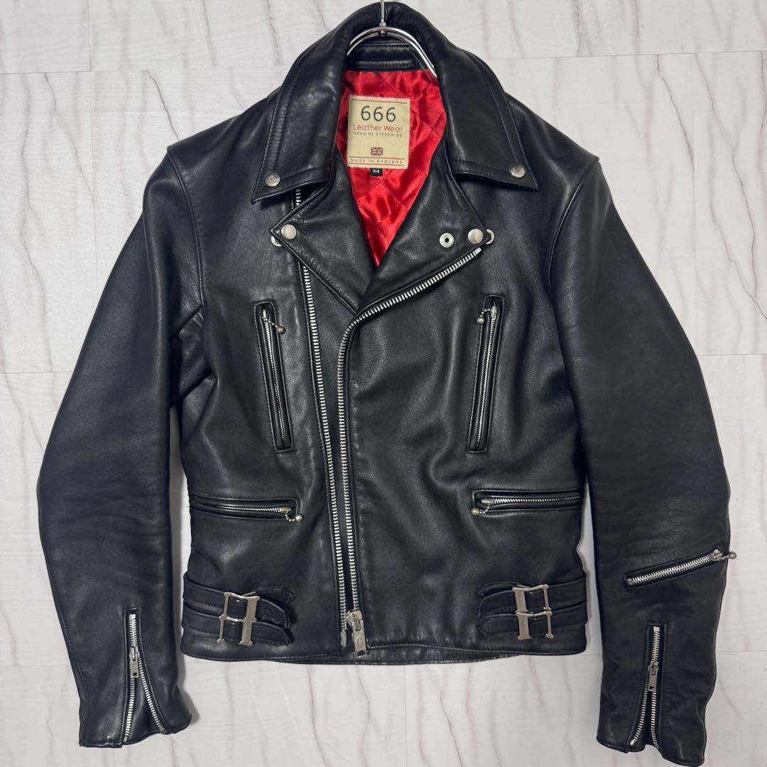 美品✨666 レザーダブルライダースジャケット ステアハイド ブラック 本革34