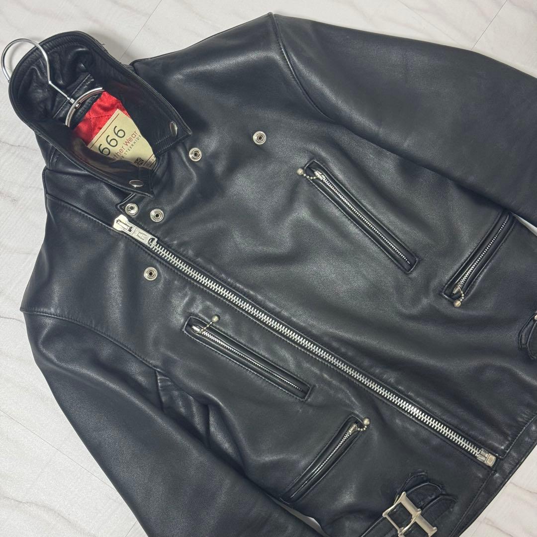 美品✨666 レザーダブルライダースジャケット ステアハイド ブラック 本革34