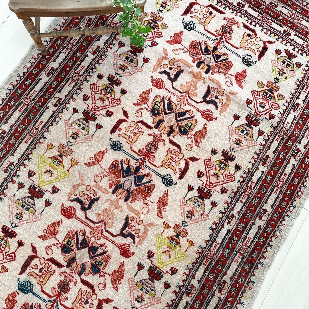 トルコ製ヴィンテージラグ771高級 レア アイボリー レッド イエロー グリーン