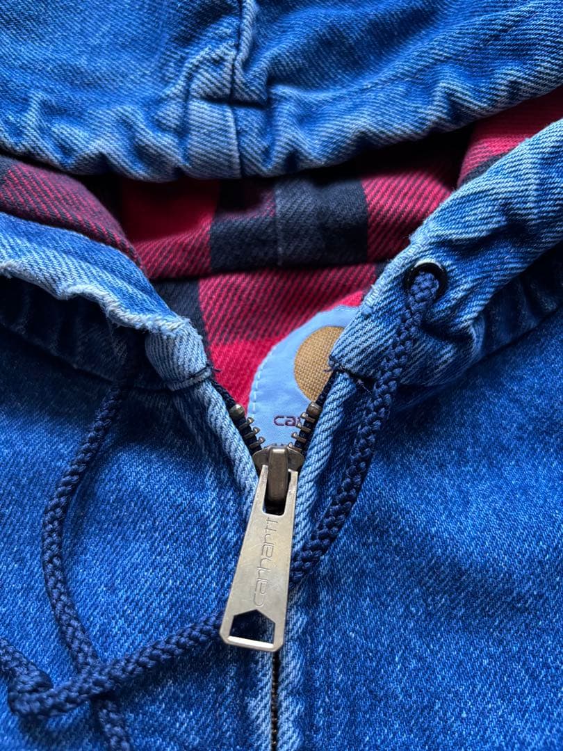 80s USA製　カーハート　デニムアクティブジャケット　Sサイズ　裏地チェック