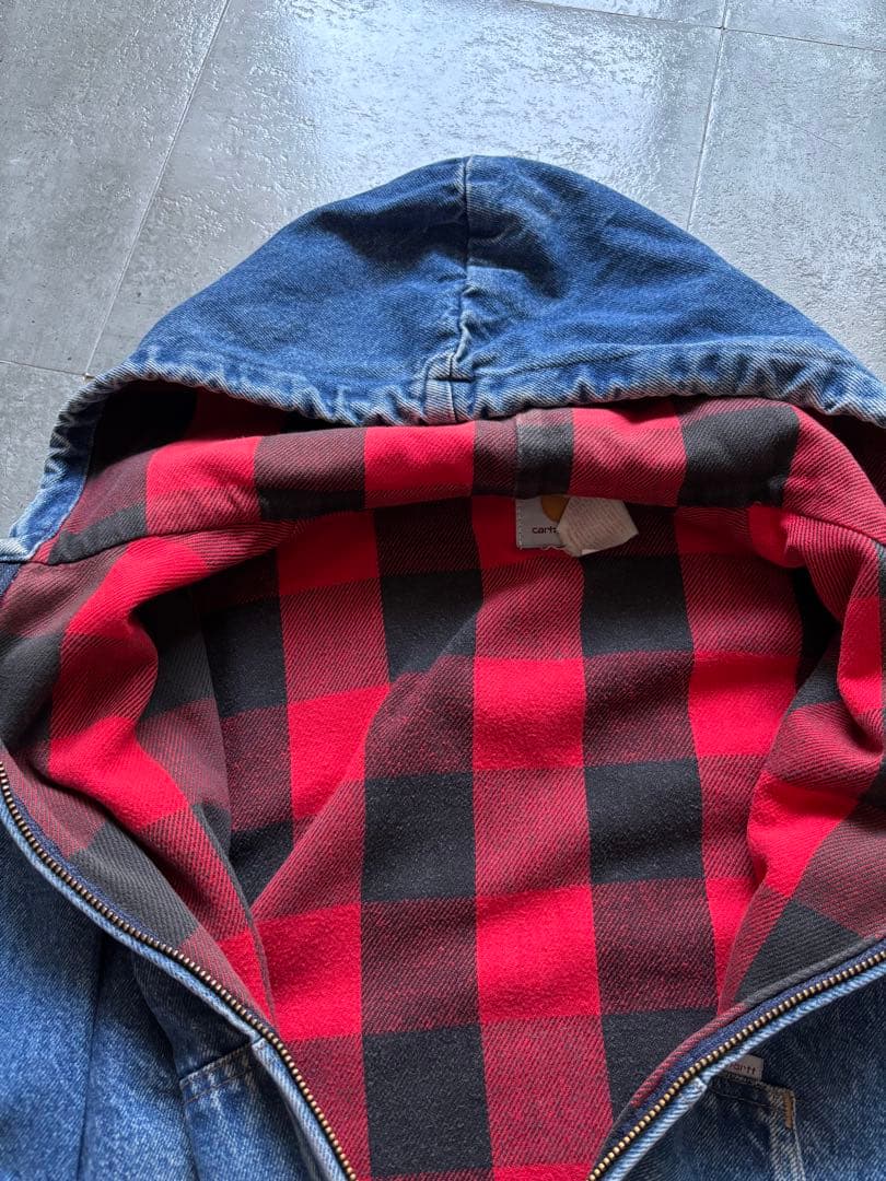 80s USA製　カーハート　デニムアクティブジャケット　Sサイズ　裏地チェック