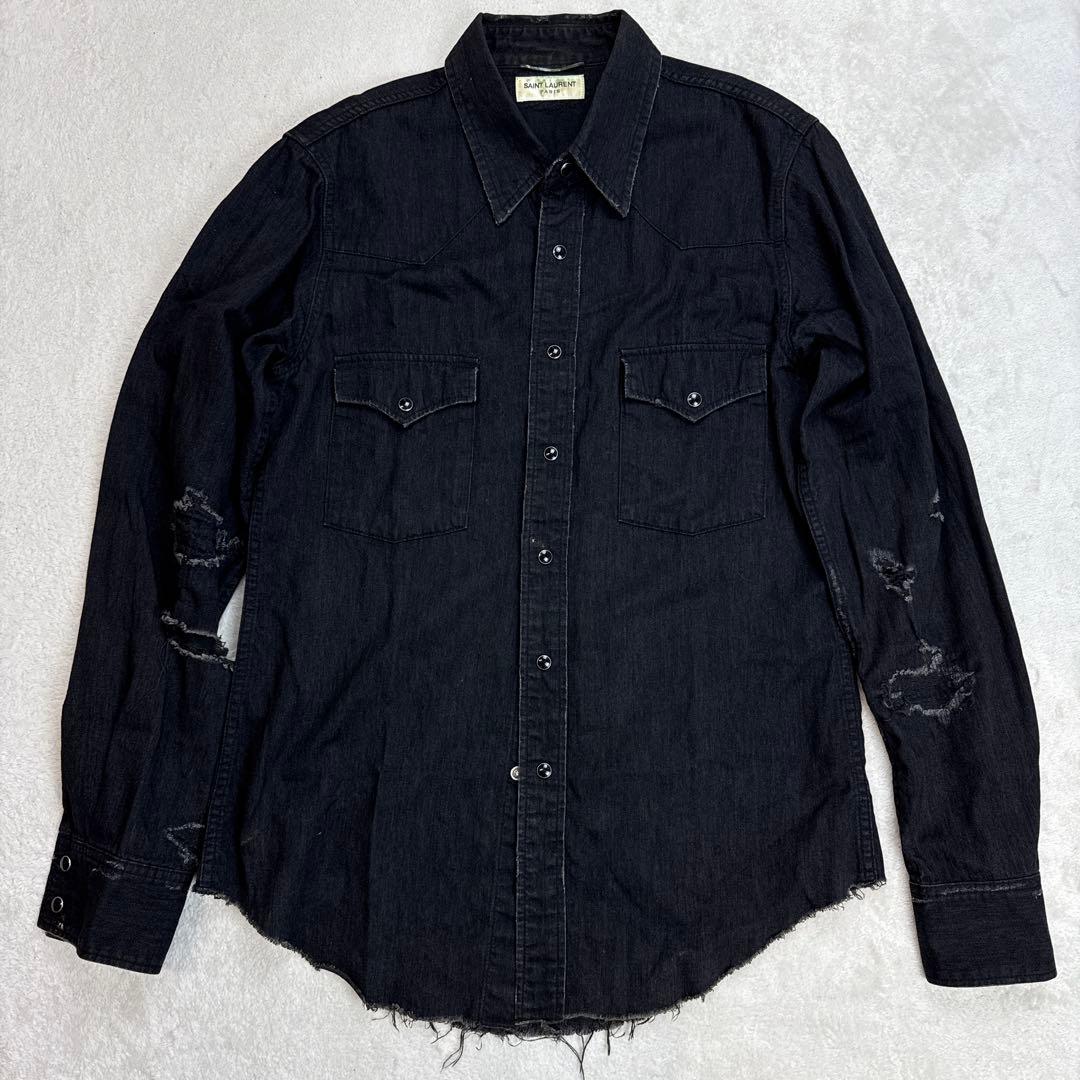 サンローラン エディ期 SAINT LAURENT クラッシュデニムシャツ 黒
