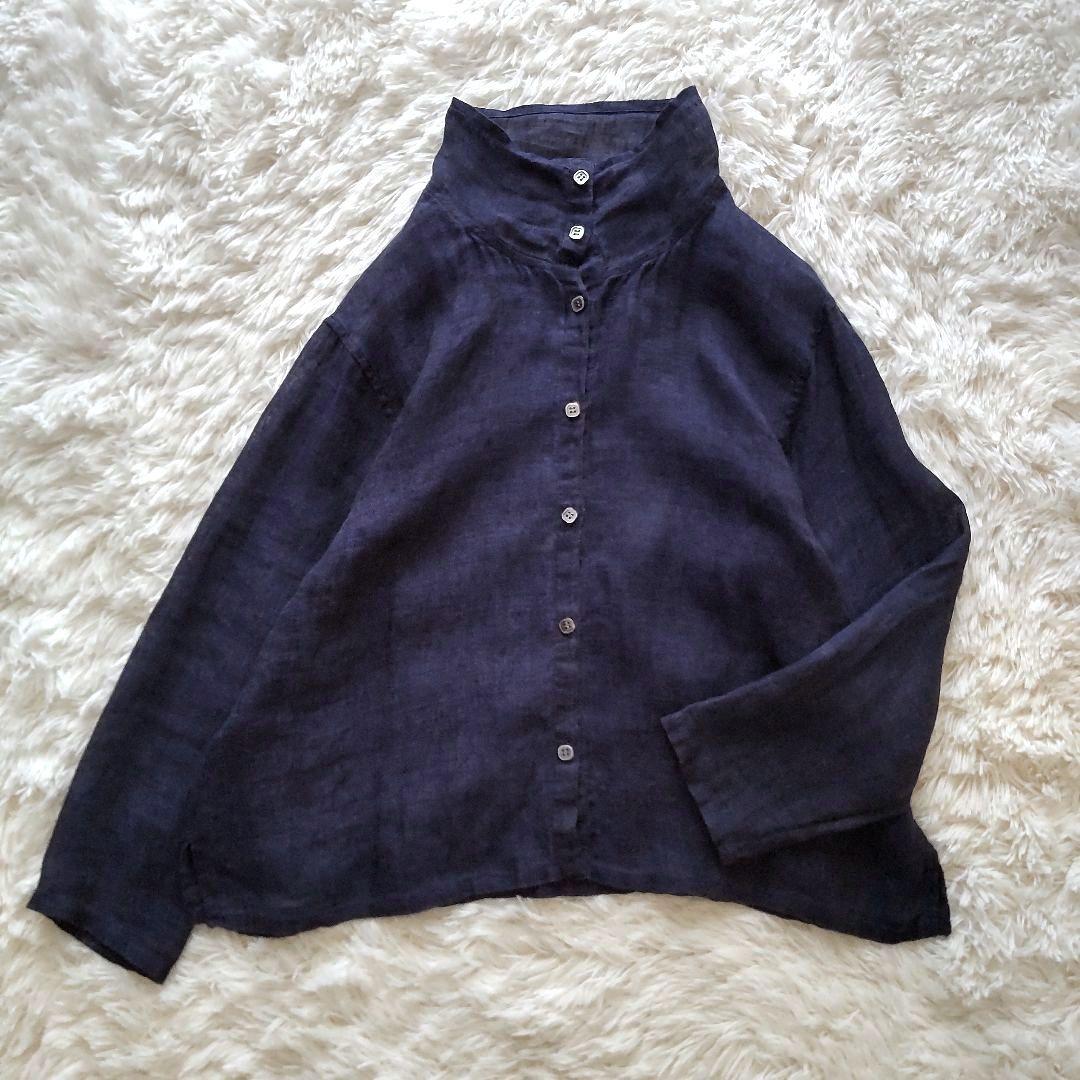 登美 群言堂　リネン ブラウス　ネイビー　石見銀山　日本製　美品