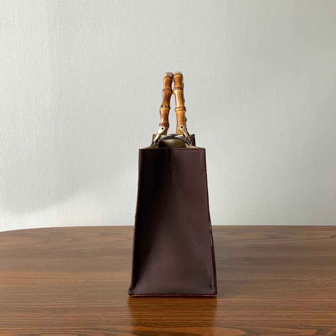 焦茶に金糸きらめく葉文の帯 リメイク バンブーハンドルバッグ 浅型マチ広め