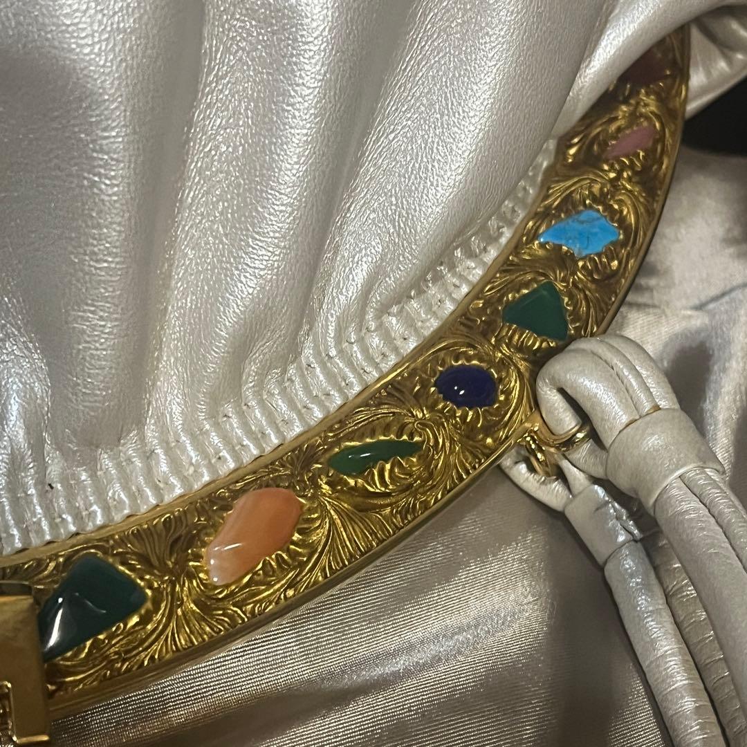 希少☆美品☆本革濱野皮革工藝 HAMANOがま口貴石 サンピエトロ ハンドバッグ