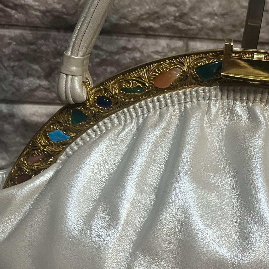 希少☆美品☆本革濱野皮革工藝 HAMANOがま口貴石 サンピエトロ ハンドバッグ