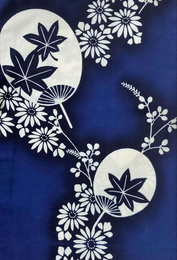 【浴衣】花に団扇模様　楓　藍染 注染　紺　青　ネイビー レトロ　古典 綿