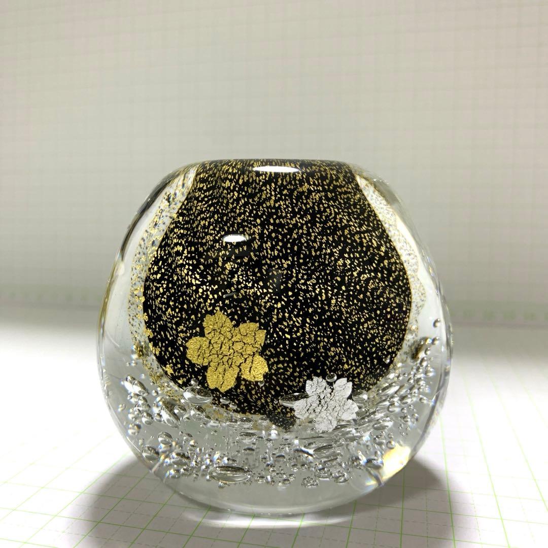 美品　黒木国昭　花器　桜流し　桜雨　金彩銀彩　クリスタル　花瓶　置物