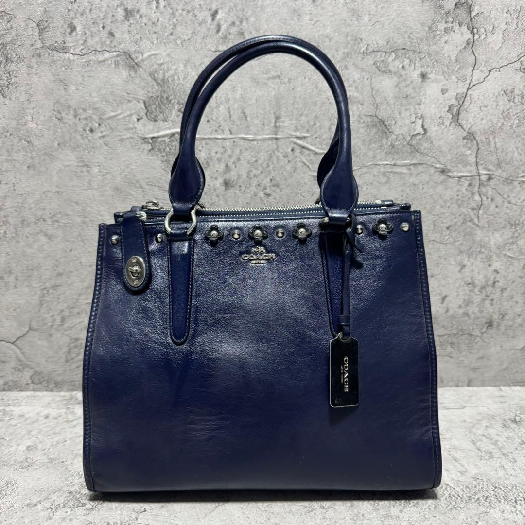 極美品✨️希少 コーチ ハンドバッグ キャリーオール ターンロック 本革 花 紺