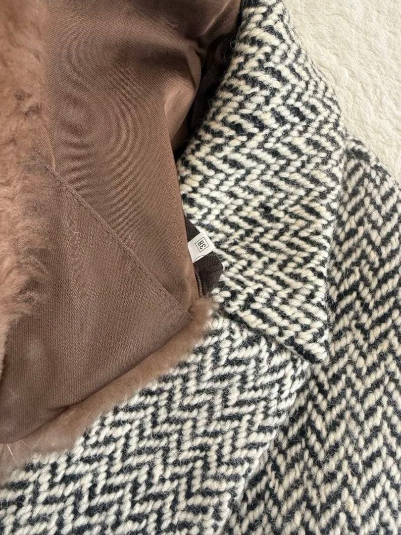 ヘリンボーン柄ロングコート ファー襟付き