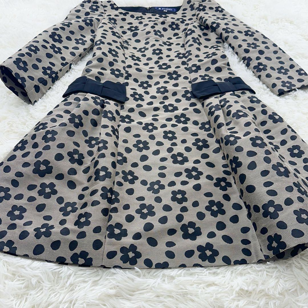 美品 エムズグレイシー ブラウン 花柄 ワンピース 38 M 七部袖〜長袖