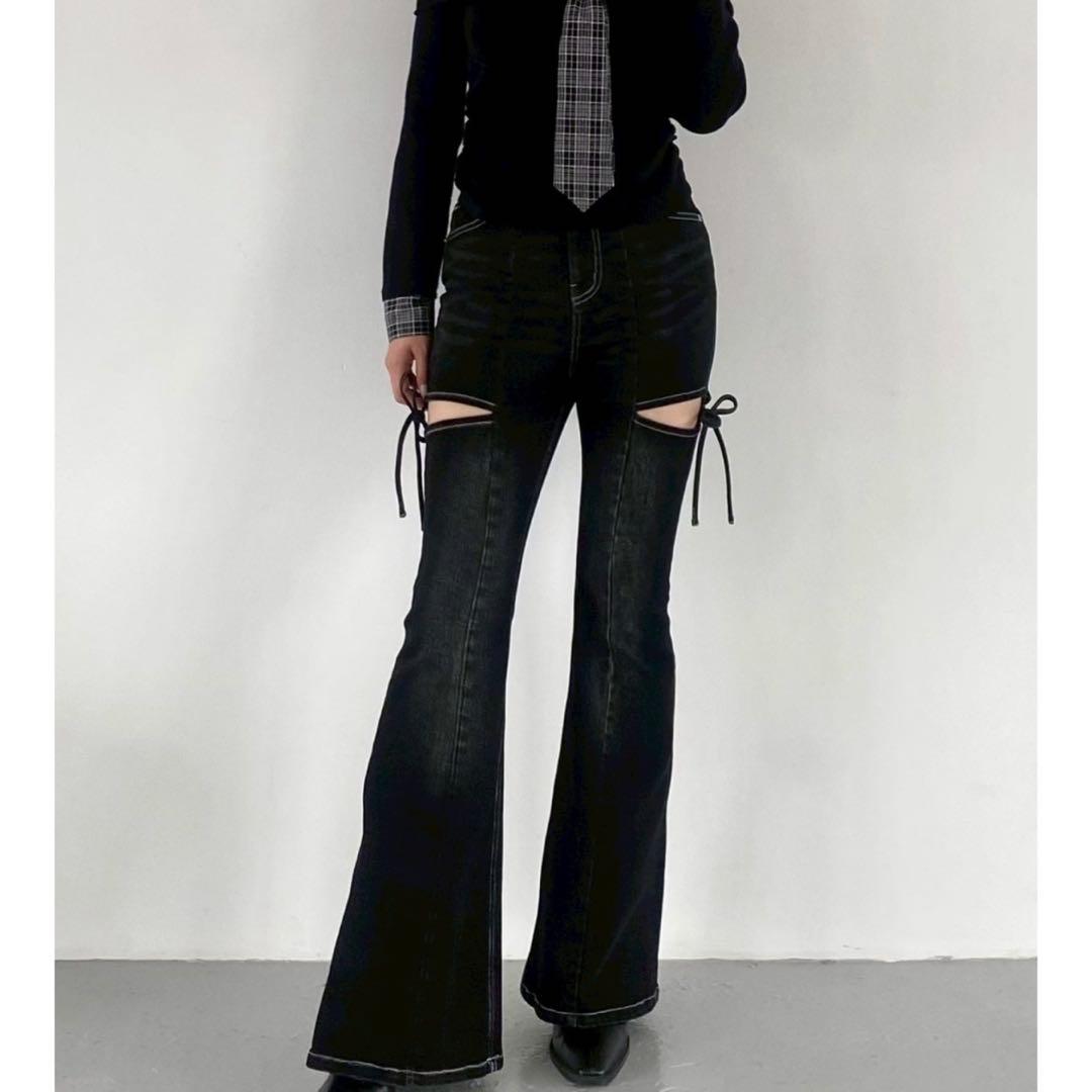 RESEXXY カットアウトリボンデニムパンツ ブラック