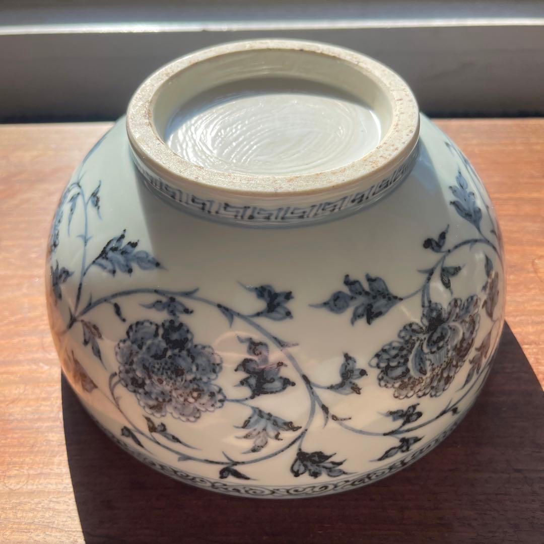 希少美品　明初期　染付青い花柄の陶器ボウル