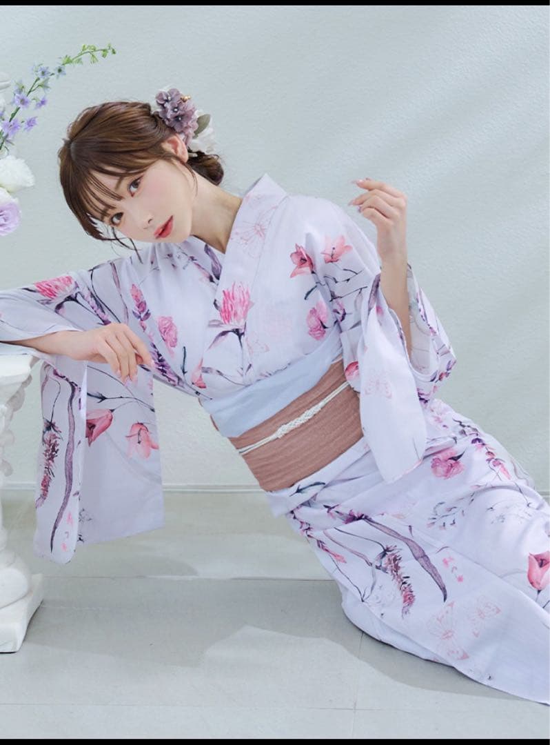 薄紫 花柄 浴衣・帯セット Riuコラボ　Rちゃん　sugar