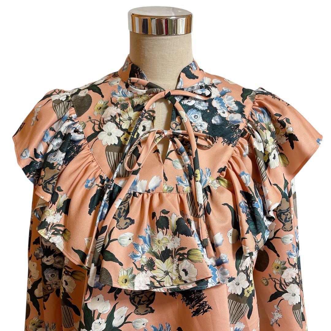 極美品 セブンテン ケイタマルヤマ 夜の花プリント ブラウス サーモンピンク