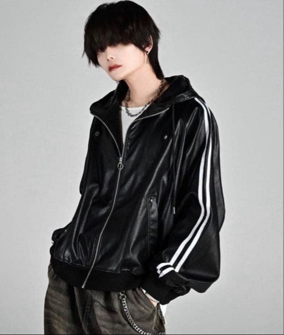 ADRER ラインスリーブトラックジップ パーカー レザー合皮ジャケット