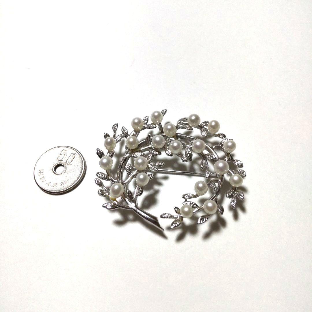 シルバー製 あこや真珠 植物モチーフ ブローチ　美品