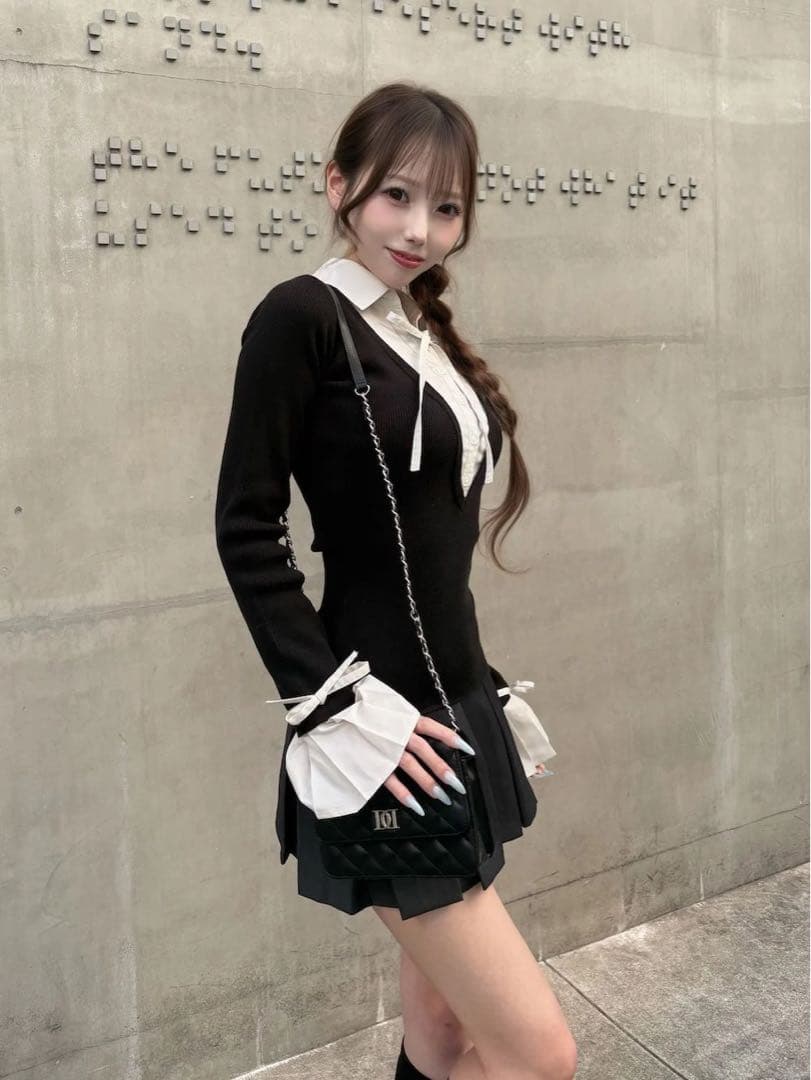 新品タグ付 ダーリッチ シャツドッキングプリーツミニワンピース ブラック フリー