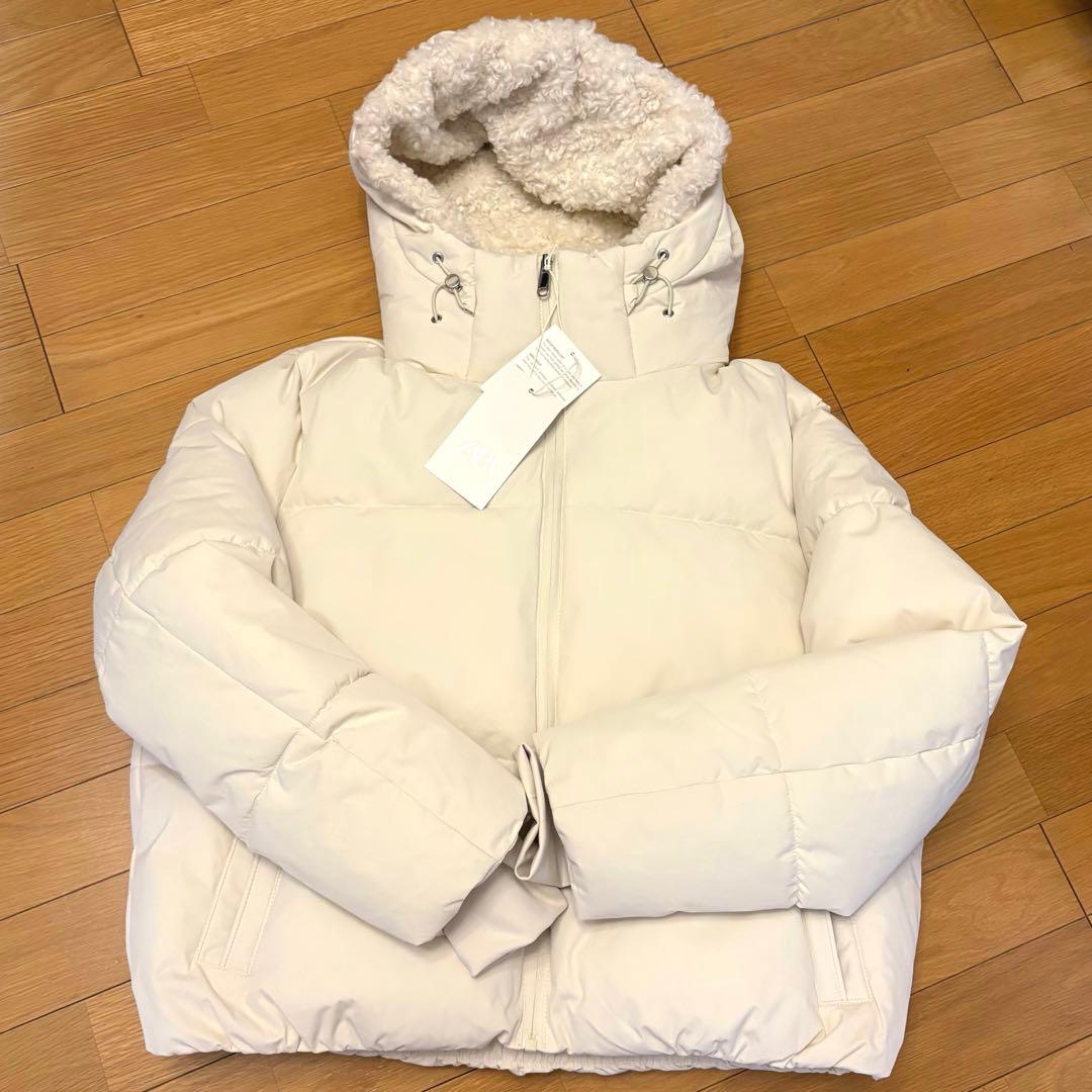 【ZARA】ザラ M フェイクシープスキンフード付き撥水ウィンドブレーカー 白