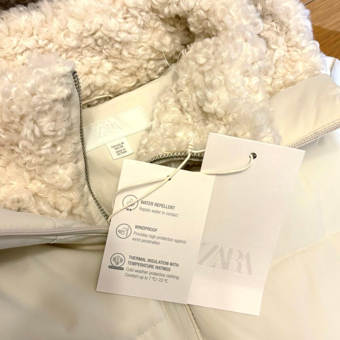 【ZARA】ザラ M フェイクシープスキンフード付き撥水ウィンドブレーカー 白