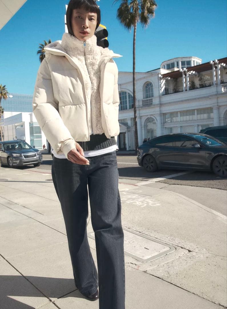 【ZARA】ザラ M フェイクシープスキンフード付き撥水ウィンドブレーカー 白