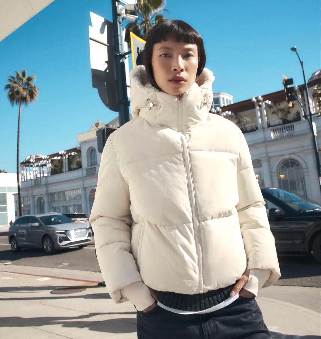 【ZARA】ザラ M フェイクシープスキンフード付き撥水ウィンドブレーカー 白