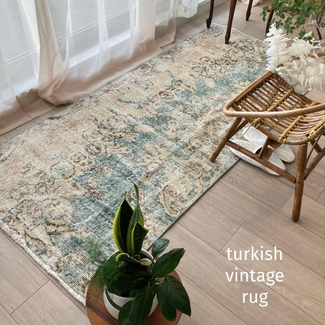スカイブルー82×185シャビー　エメラルド　ランナー　トルコヴィンテージラグ