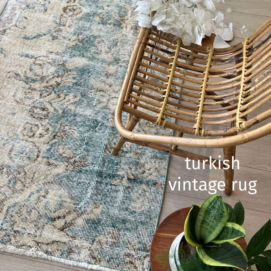 スカイブルー82×185シャビー　エメラルド　ランナー　トルコヴィンテージラグ
