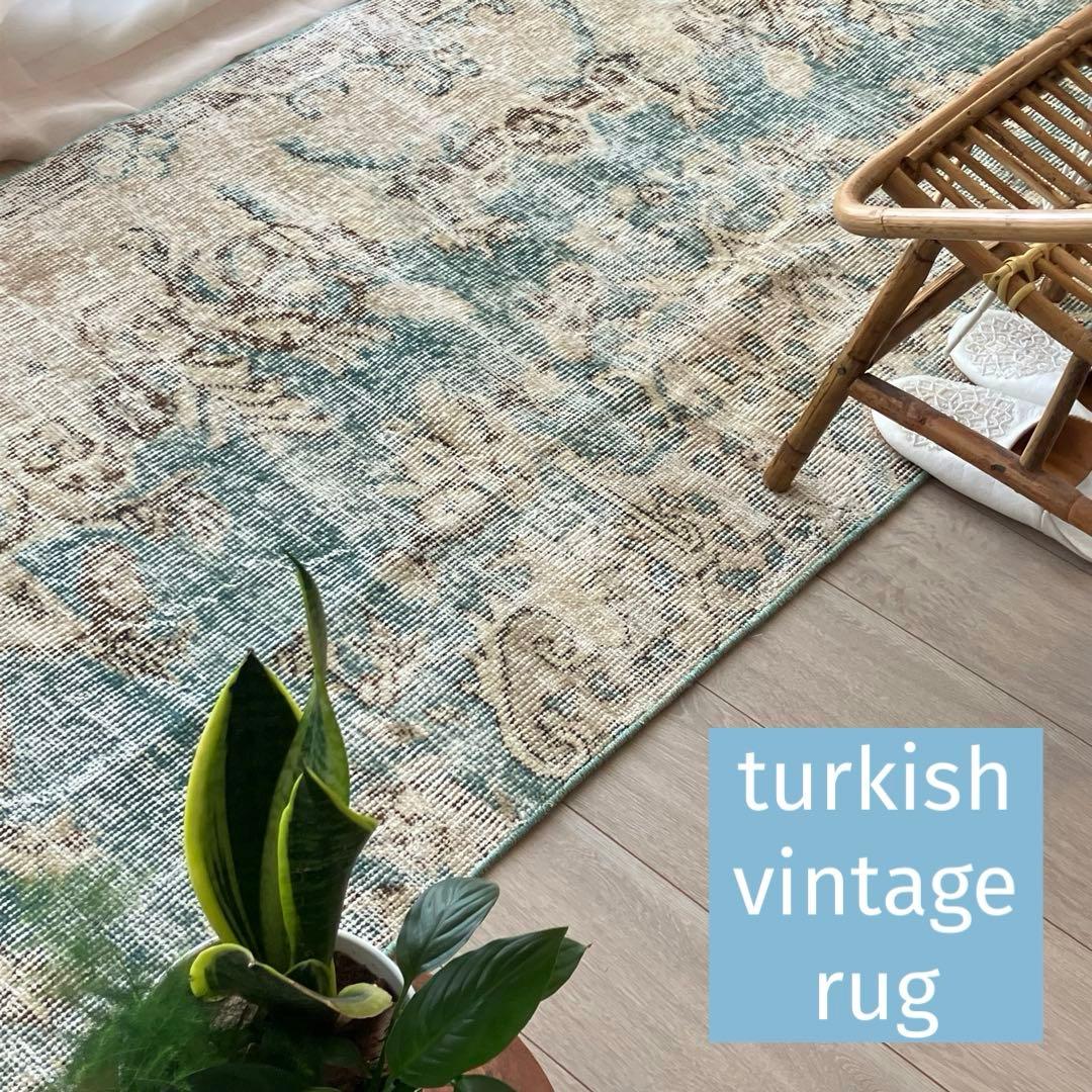 スカイブルー82×185シャビー　エメラルド　ランナー　トルコヴィンテージラグ