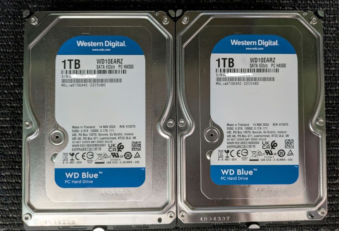 WesternDigital HDD 1TB 2台 WD10EARZ 稼働短