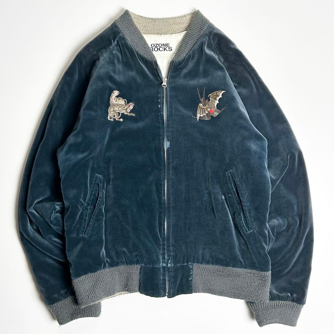 00s【希少】オゾンロックス/別珍スカジャン/刺繍/ダークブルー/Lサイズ