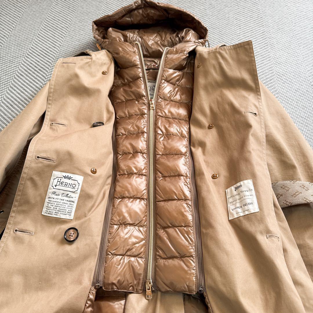 極美品 HERNO ヘルノ ダウンコンビトレンチコート ベルト ベージュ系 ML