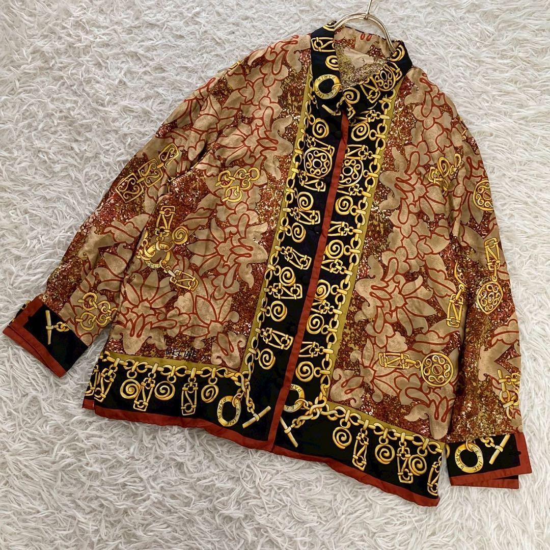 ［良品］CELINE 総柄ブラウス シルク マルチカラー ヴィンテージ