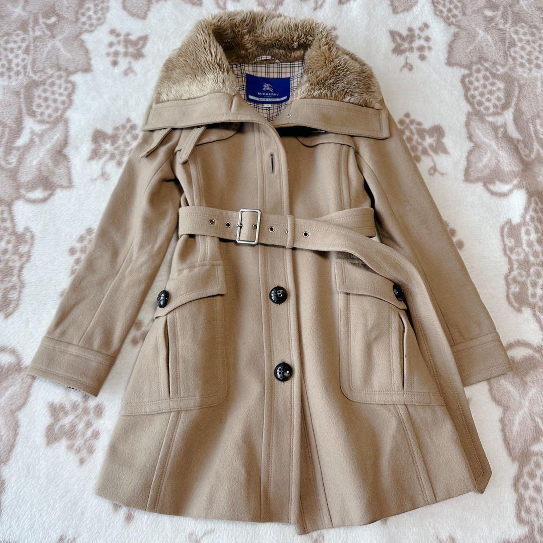 バーバリーブルーレーベル ダッフルコート ショールカラー ノバチェック ファー