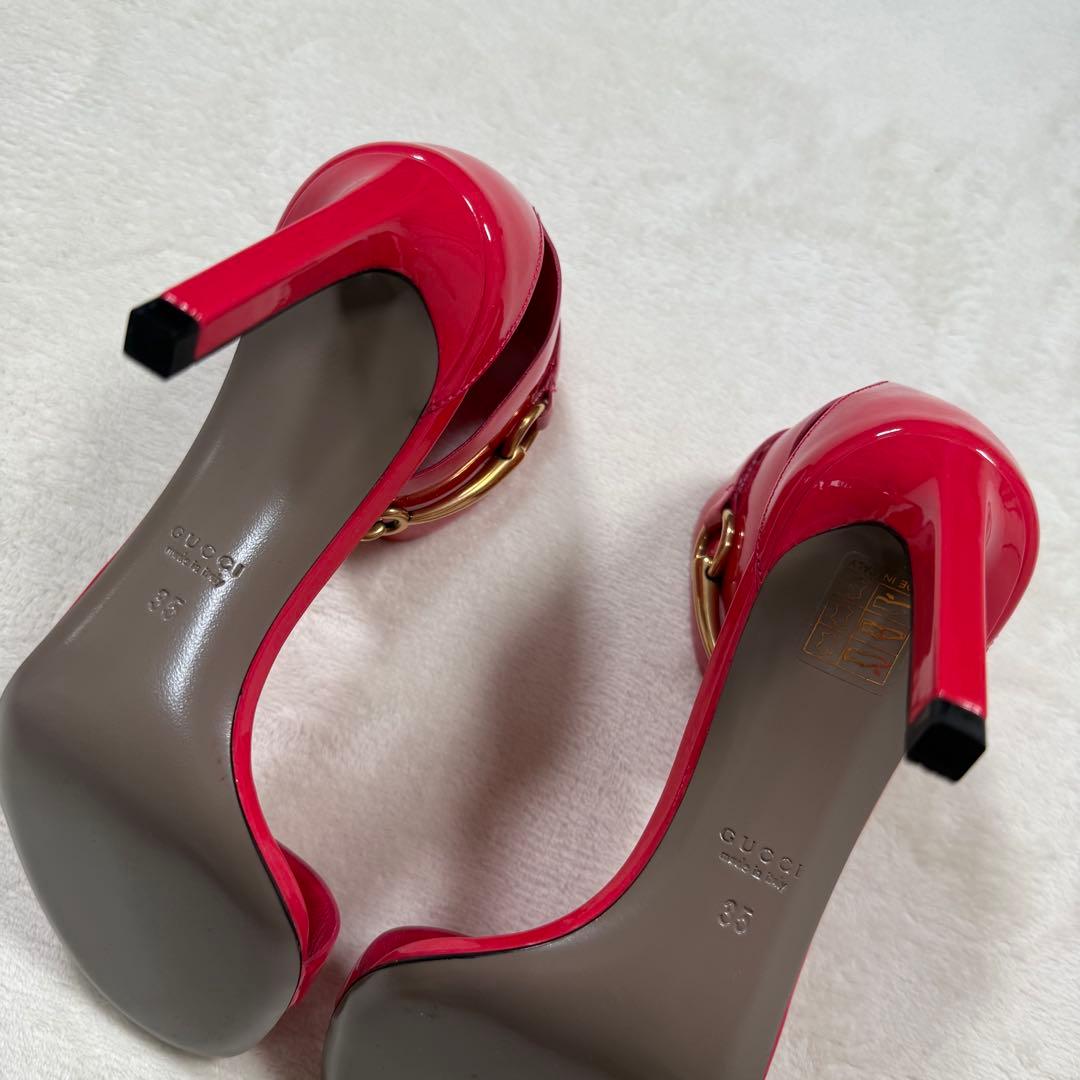 GUCCI ホースビット エナメル ヒール サンダル ピンク 35