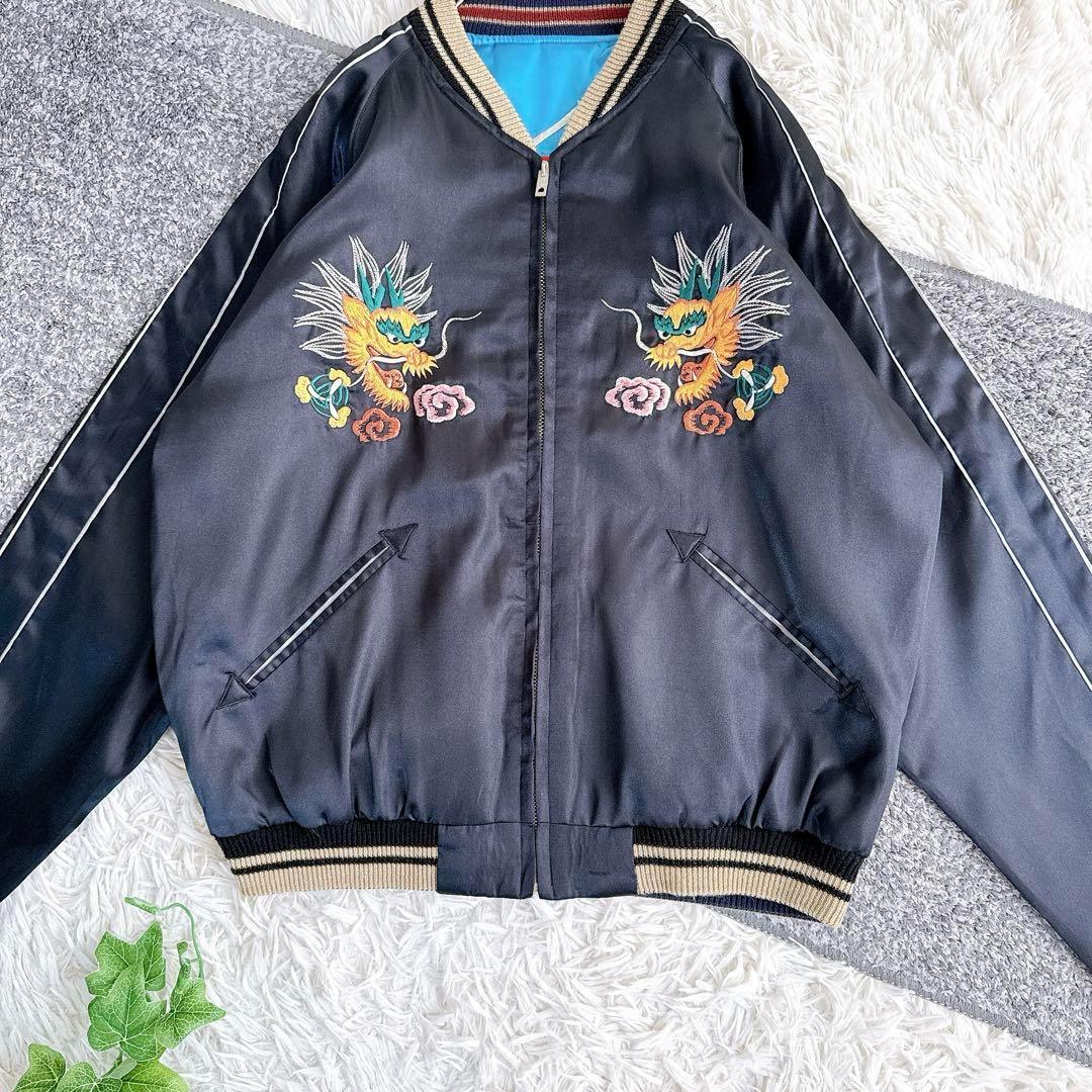 良品　希少　東洋エンタープライズ　スカジャン　リバーシブル　刺繍　鷹　サテン　M