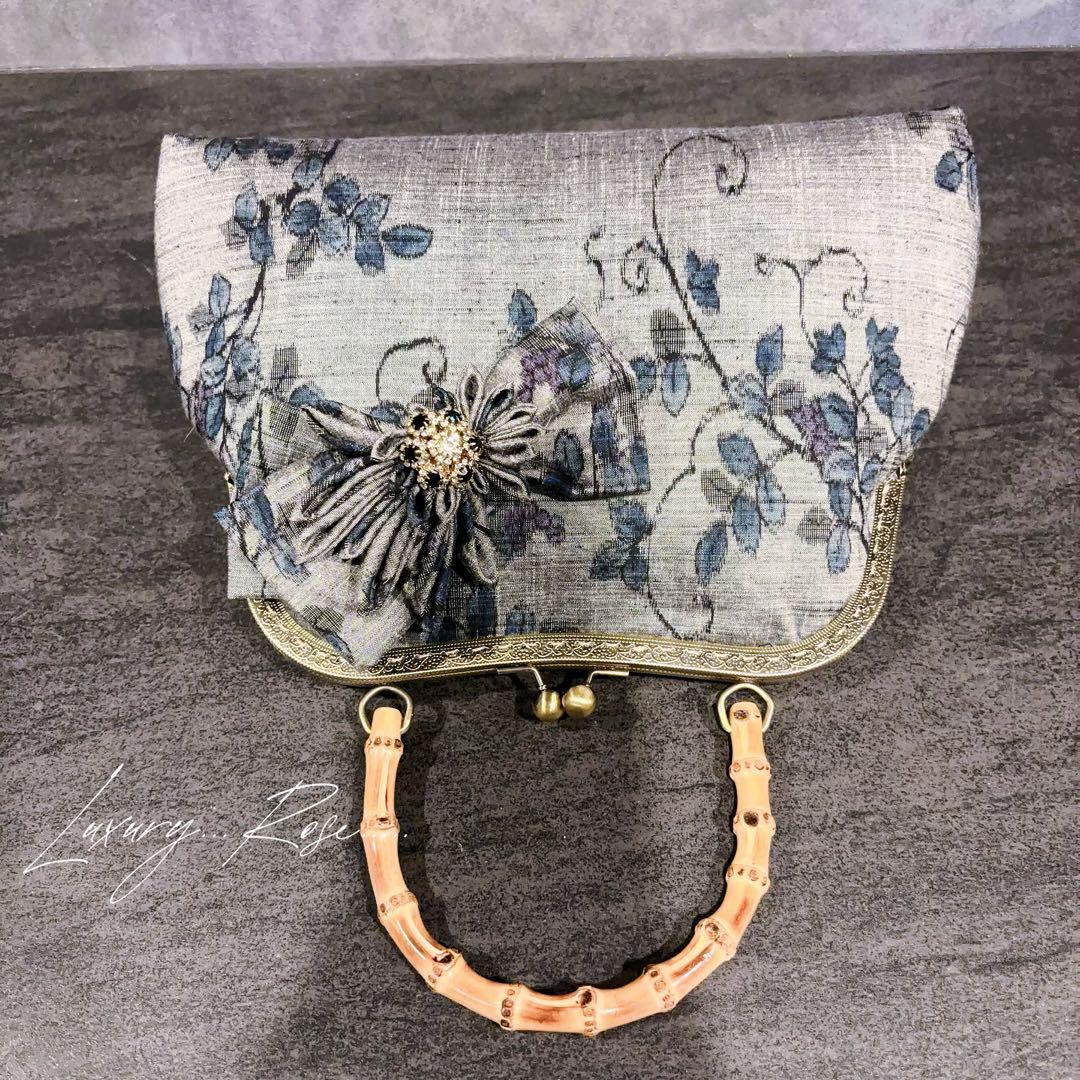 新作　和の心シリーズ洗練された大きめバンブー紬の優しい艶感つまみ細工飾りを添えて