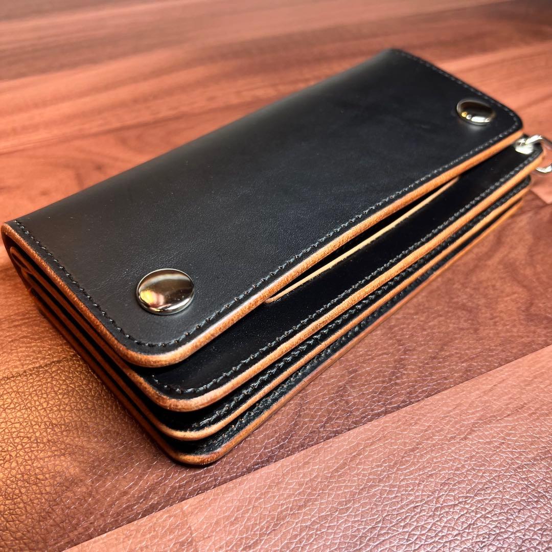 【トラッカーウォレット ロング 3層】 北米ステア　ブラック 茶芯 シルバー
