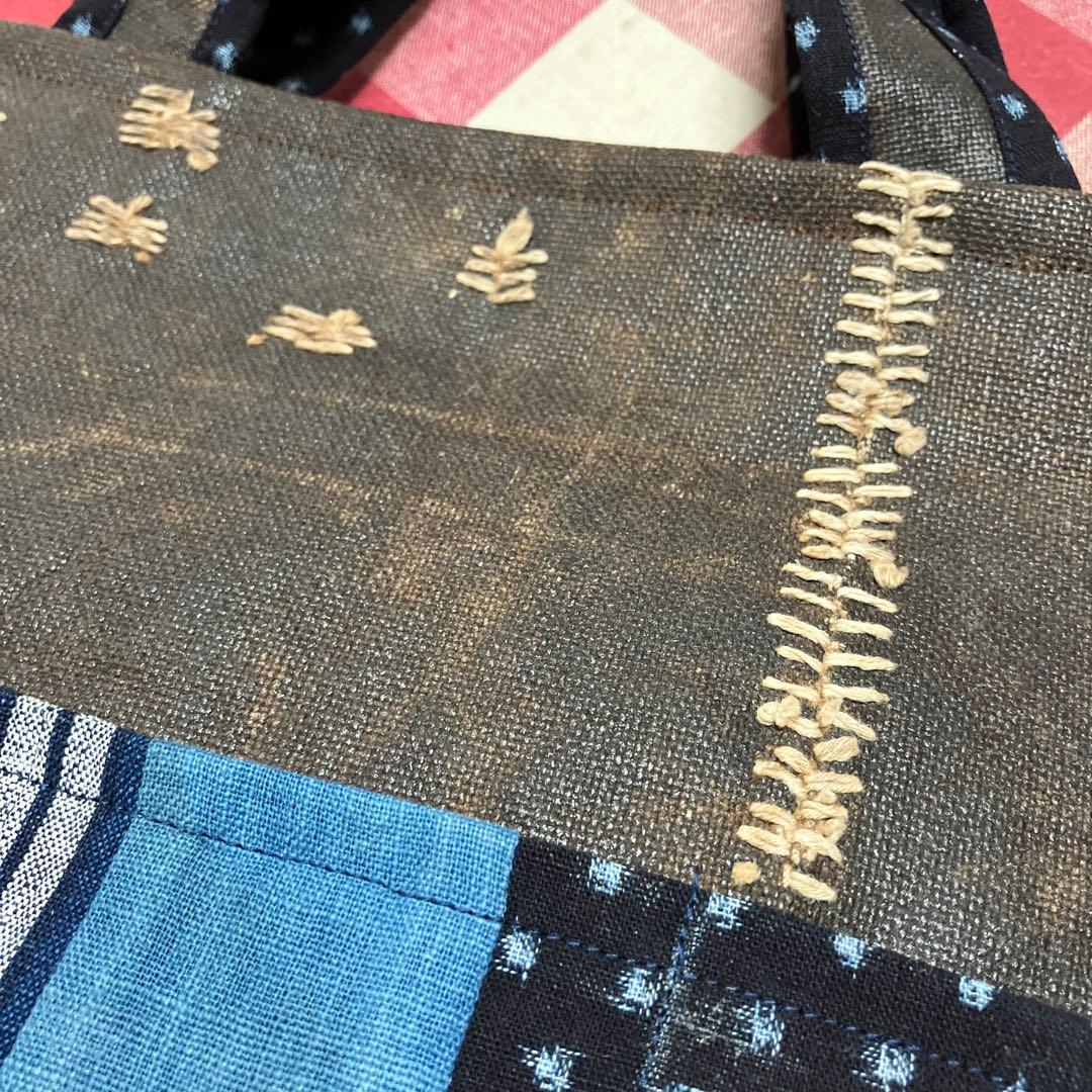 酒袋柿渋染め古布藍染め雪ん子絣格子木綿パッチワークトートバッグ 刺し子男女兼用