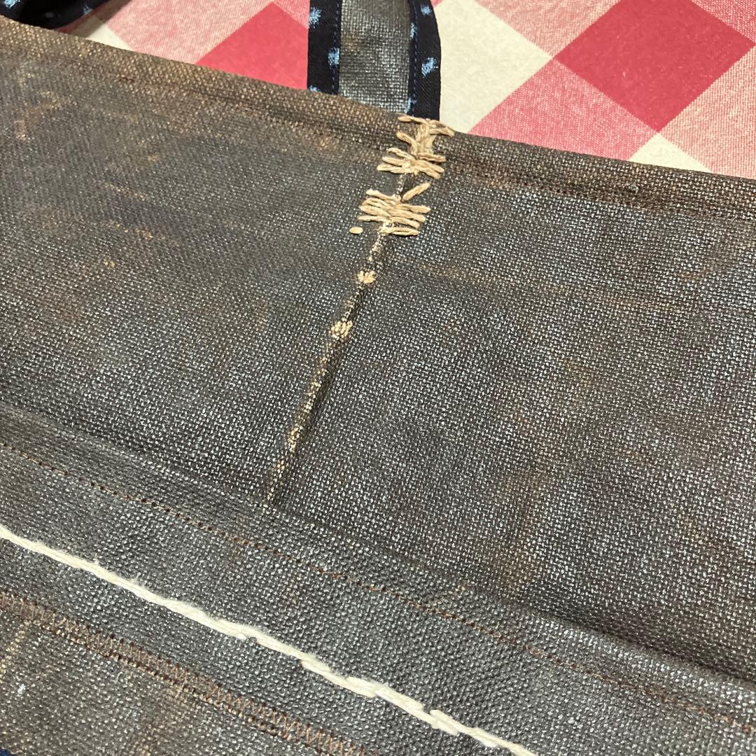 酒袋柿渋染め古布藍染め雪ん子絣格子木綿パッチワークトートバッグ 刺し子男女兼用