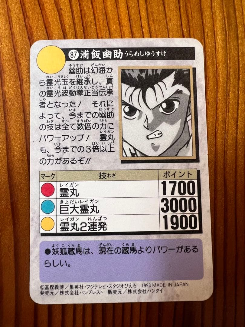 希少　幽遊白書　バンプレ　87   浦飯幽助　キラカード　1993年　極美品
