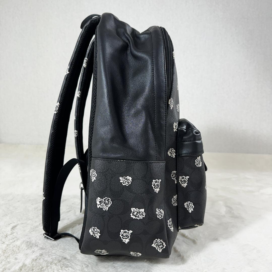 美品 COACH リュック F55970 レザー バラ柄 黒