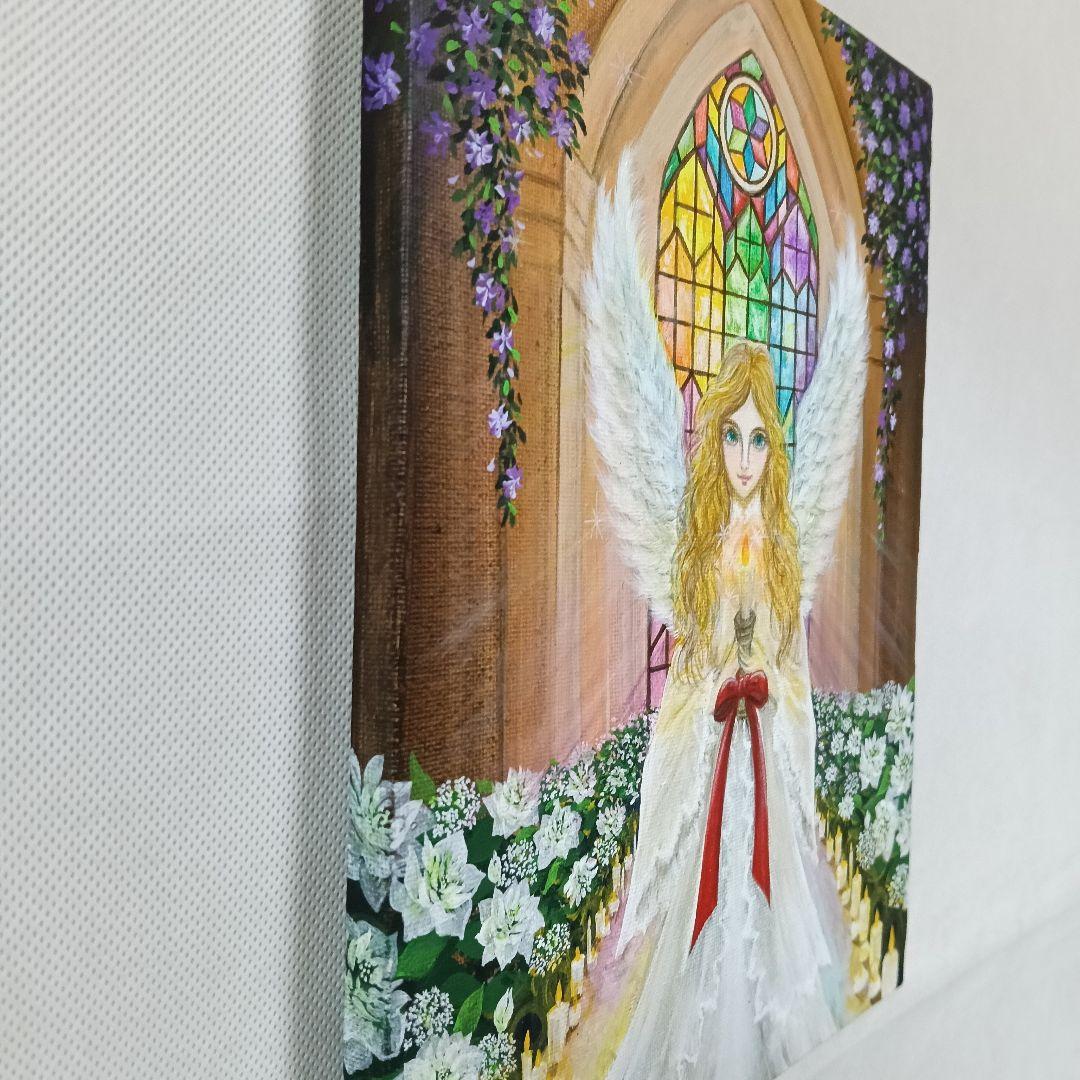No.557 F3　天使　絵画　アクリル画　クリスマスローズ　ステンドグラス