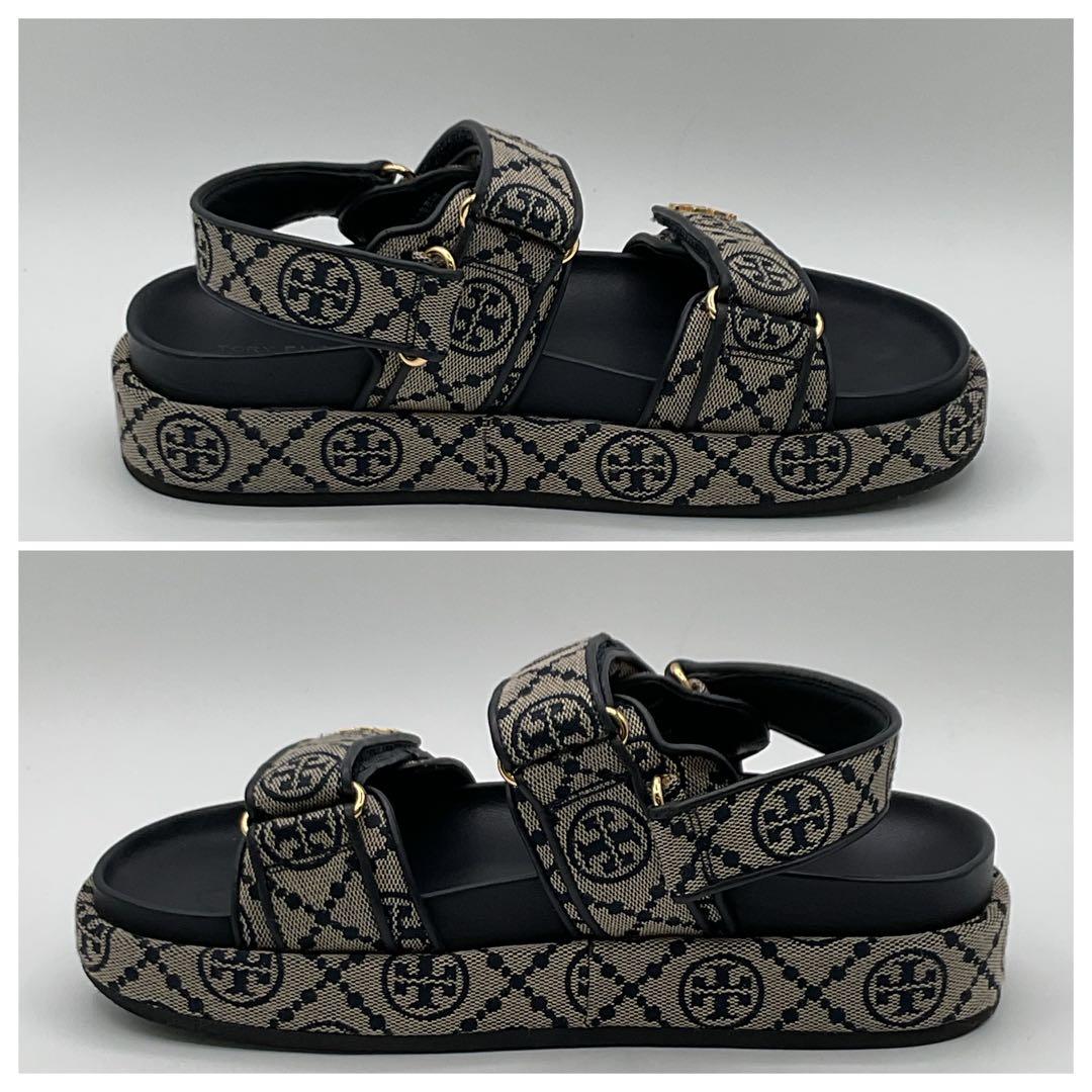 トリーバーチ サンダル Tモノグラム ゴールド カーキ キャンバス 23cm