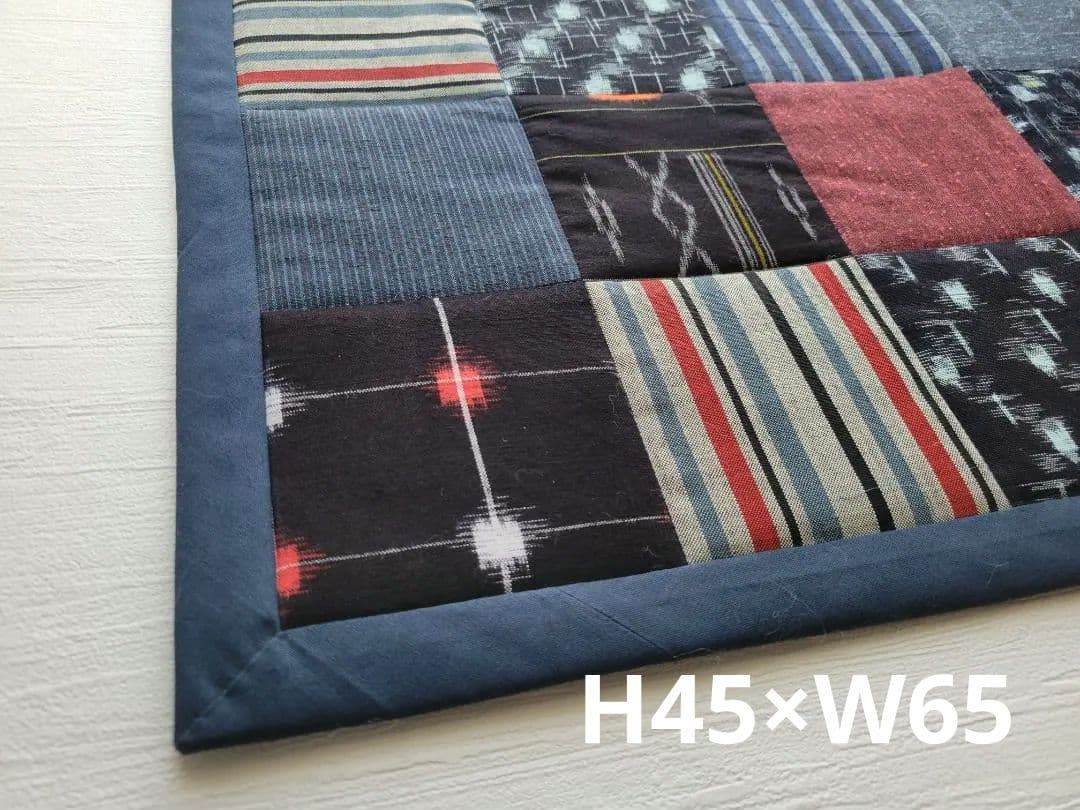 卵かけごはん 四角つなぎのパッチワークマット もめん古布 2点